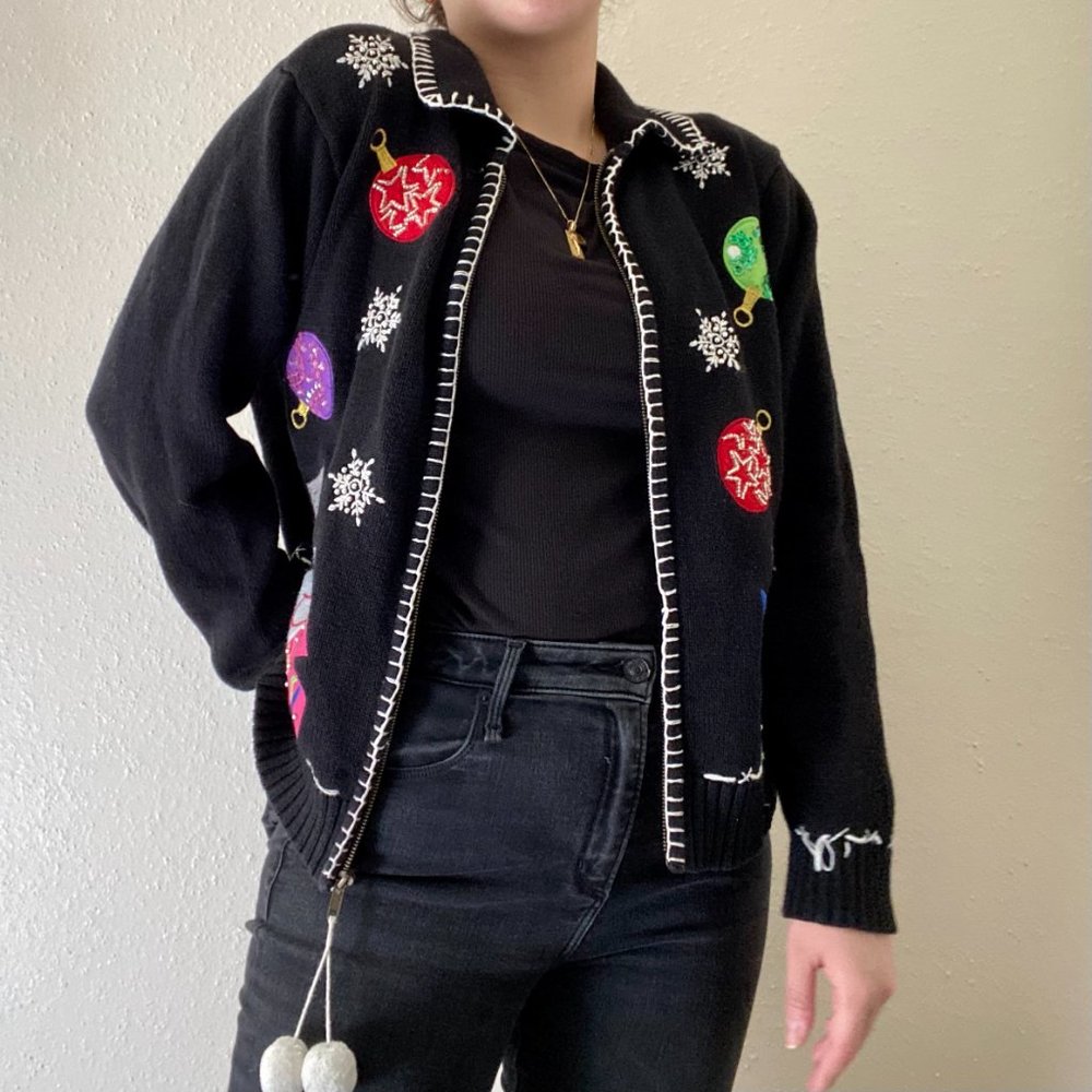 Vintage Crystal Kobe Knit Christmas Embroidered Ornament Sweater Zip Up Jacket